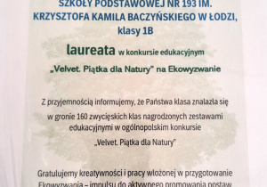 Dyplom dla SP193 w Łodzi za uzyskanie statusu laureata w ogólnopolskim konkursie edukacyjnym promującym postawy proekologiczne